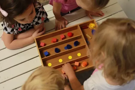 Children sorting items in a box