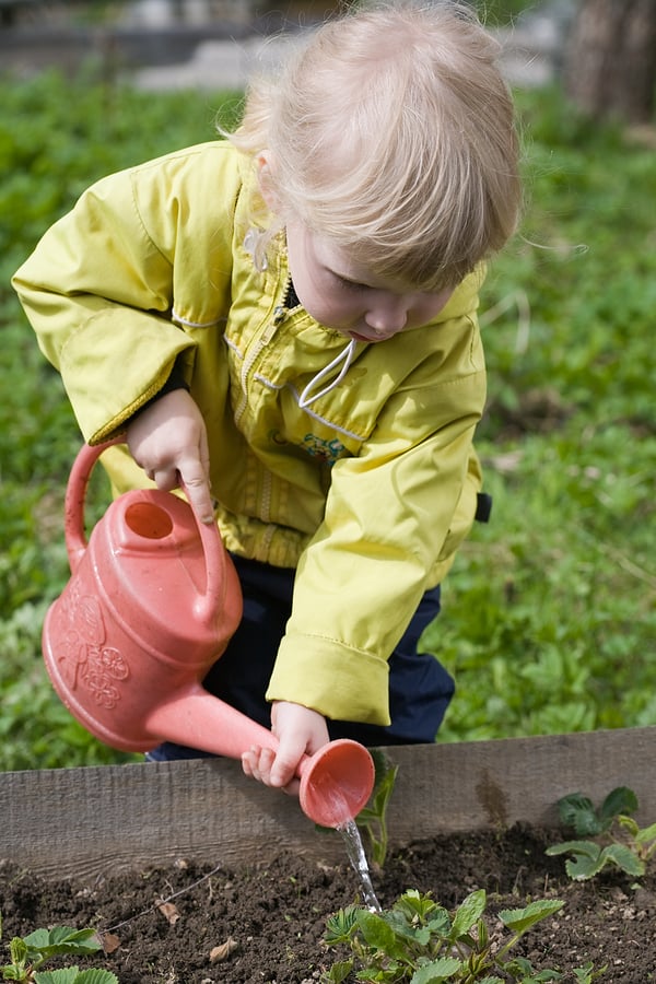 bambino che annaffia le piante