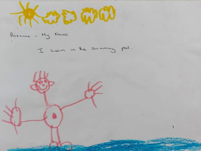 Child's drawing of herself swimming