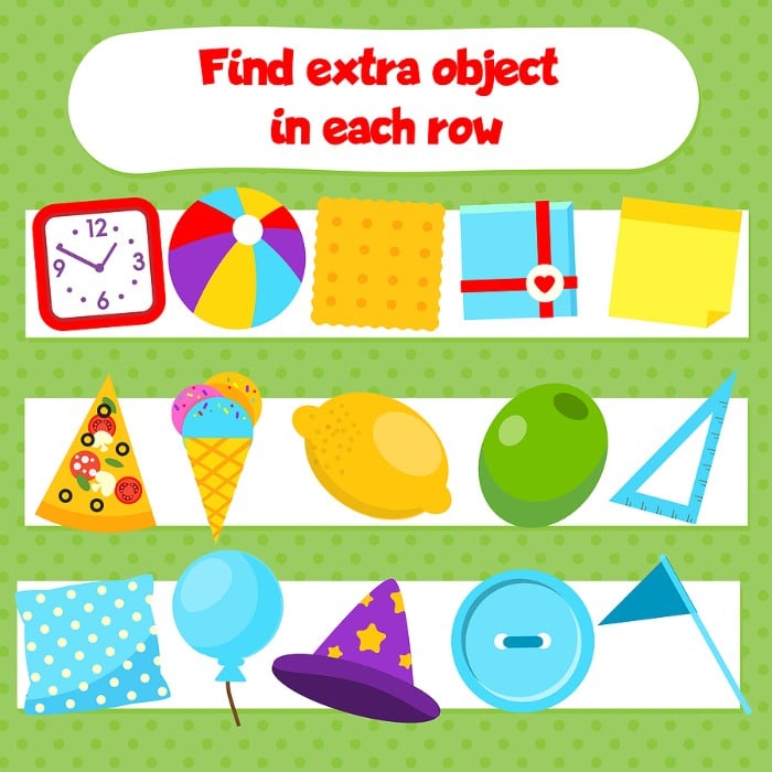 Worksheet showing rows of objects - spot the odd one out