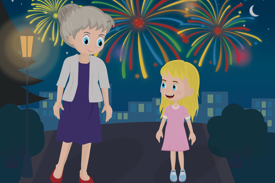 Grandma and daughter watching fireworks at night