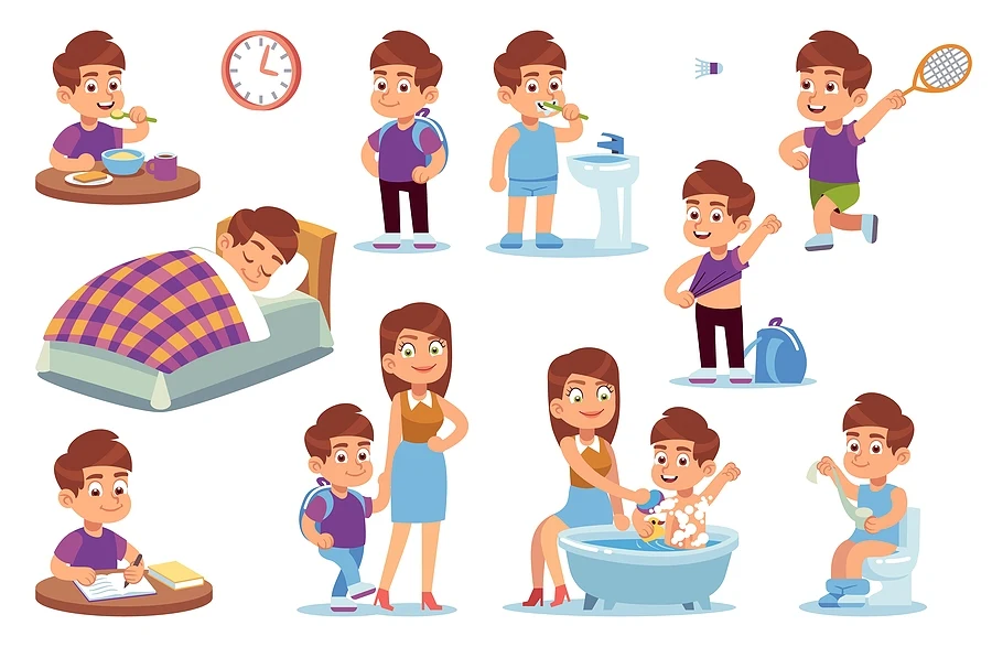 Illustrations of multiple daily routine activities for kids