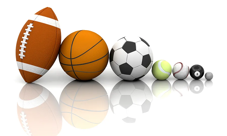 Various balls used in sports, arranged from biggest to smallest