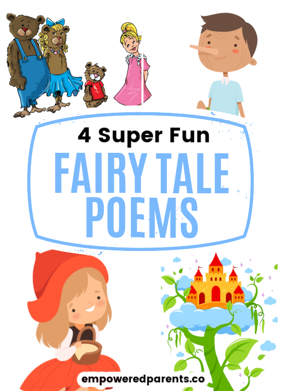 Popular fairy tale characters with text overlay "4 super fun fairy tale poems".