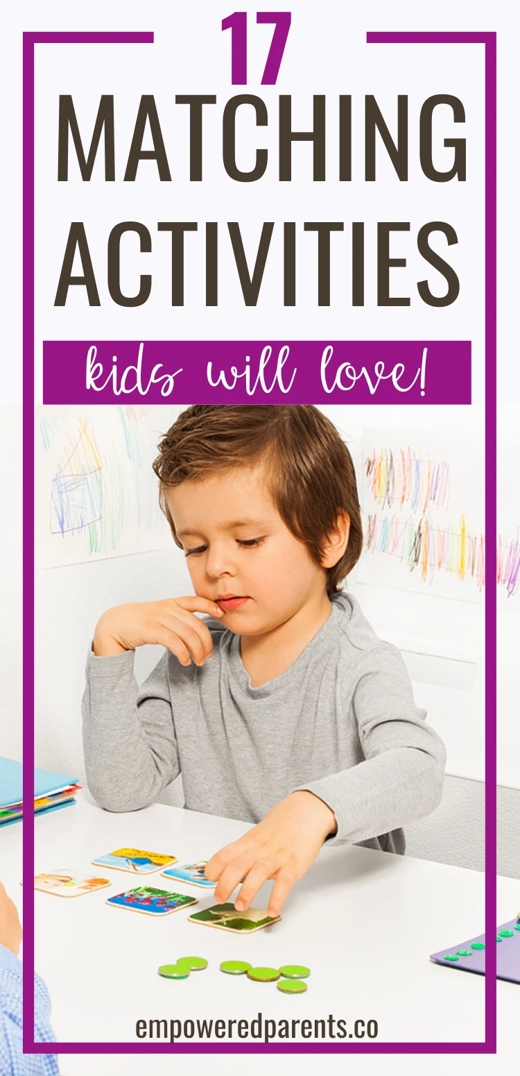 Child playing with matching cards. Text reads "17 matching activities kids will love"