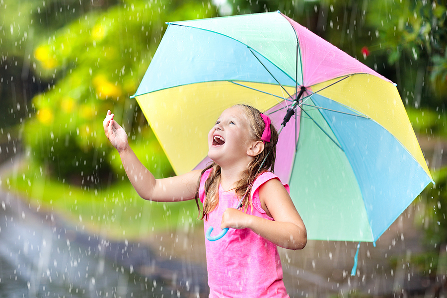 Child dancing in the rain with an umbrella