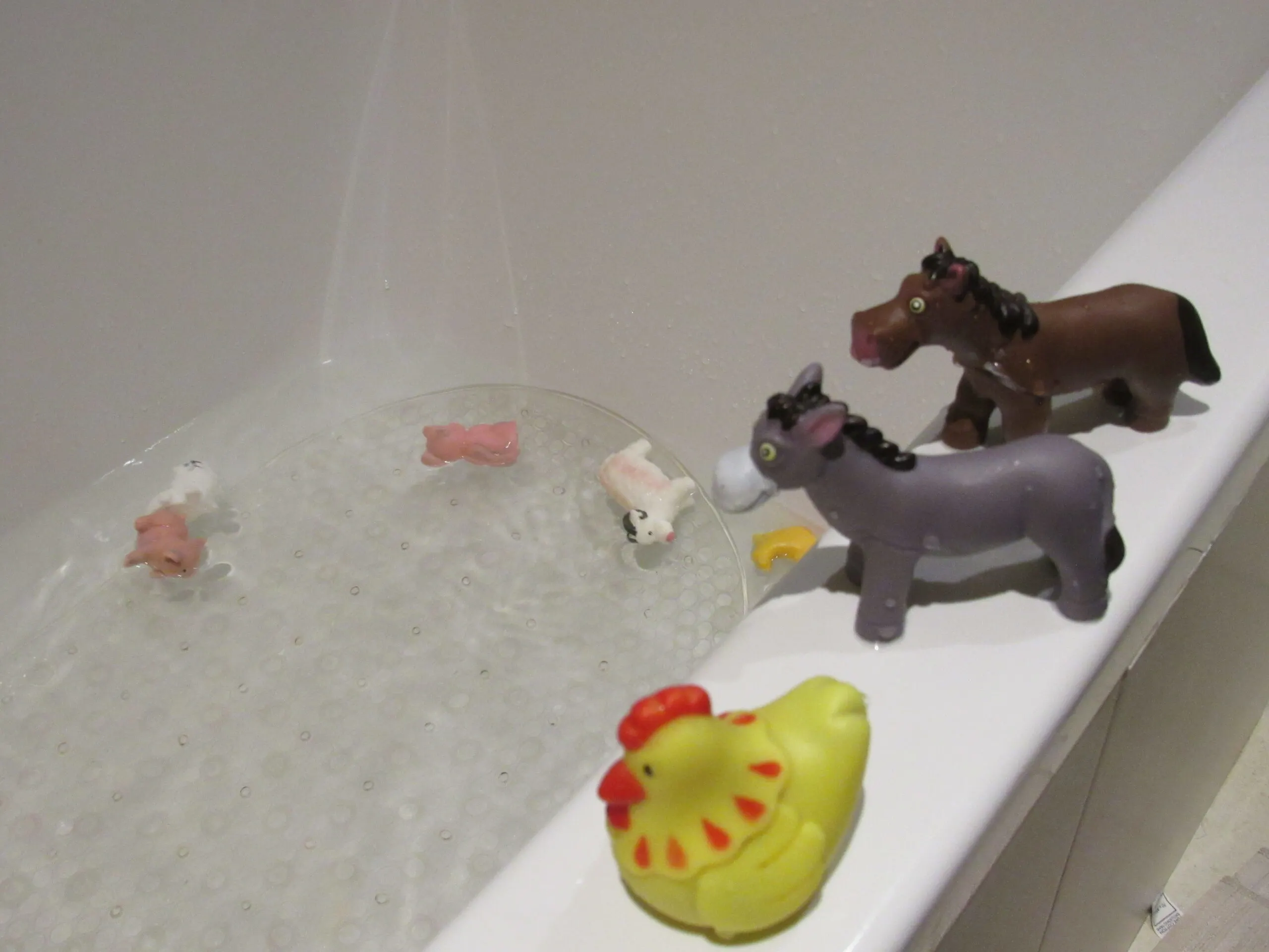 Farm animal toys in the bathtub