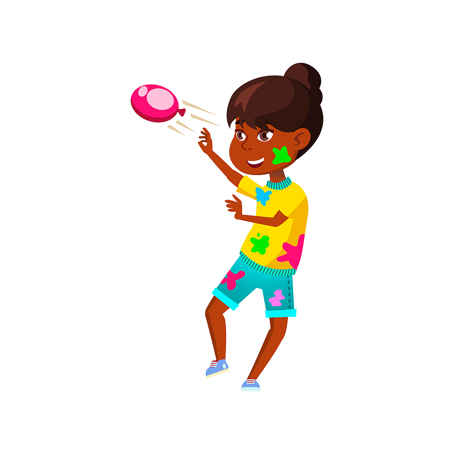 Girl playing with a balloon filled with paint