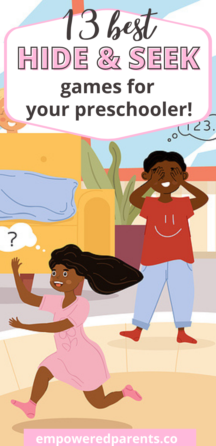 Kids playing Hide and Seek. Texr overlay reads "13 best hide & seek games for preschoolers".