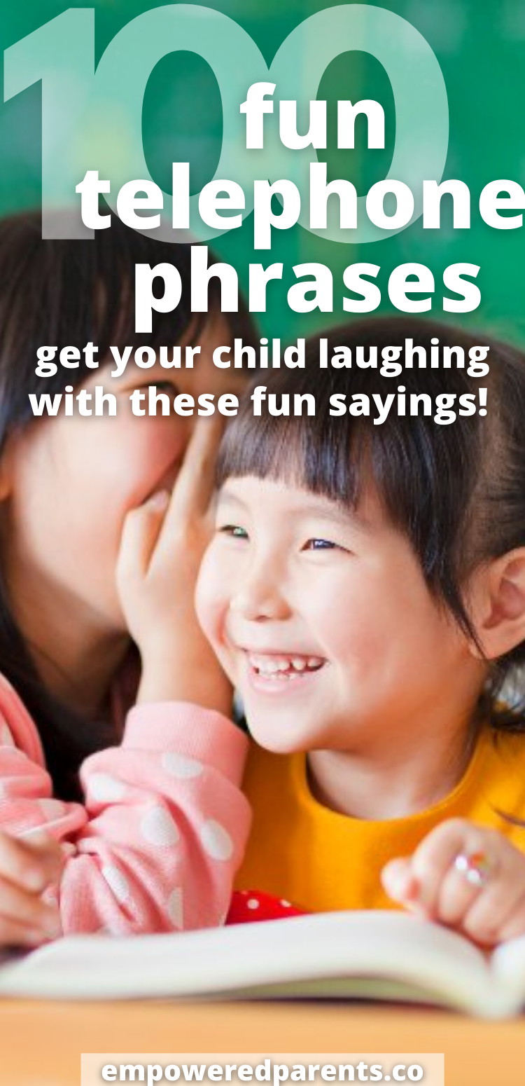 Child whispering into friend's ear. Text reads "100 fun telephone phrases. Get your child laughing with these fun sayings".