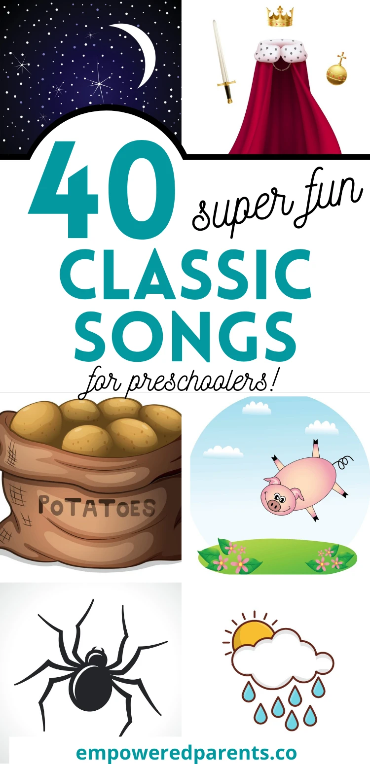 Images from popular nursery rhymes. Text reads "40 super fun classic songs for preschoolers".