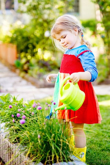 little girl watering plants