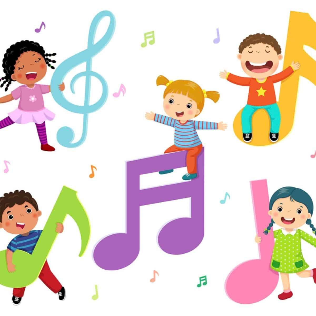 Children singing and dancing around colourful musical notes