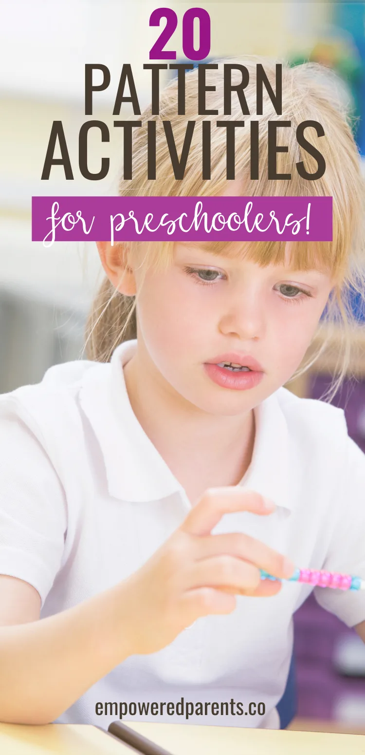 Child making a beaded necklace. Text reads "20 pattern activities for preschoolers".