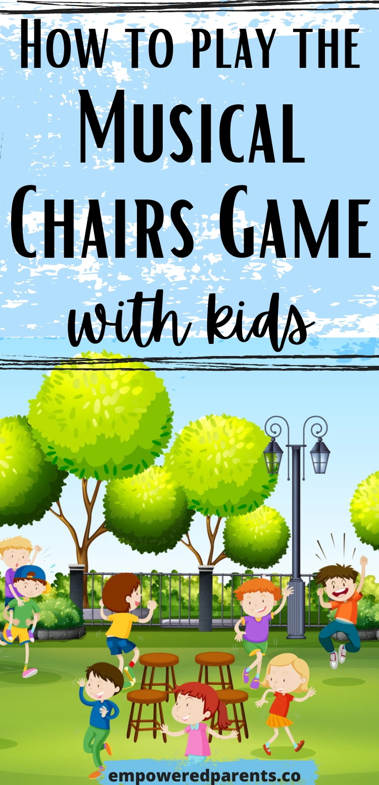 Kids playing musical chairs on playground. Text reads "How to play the musical chairs game with kids".