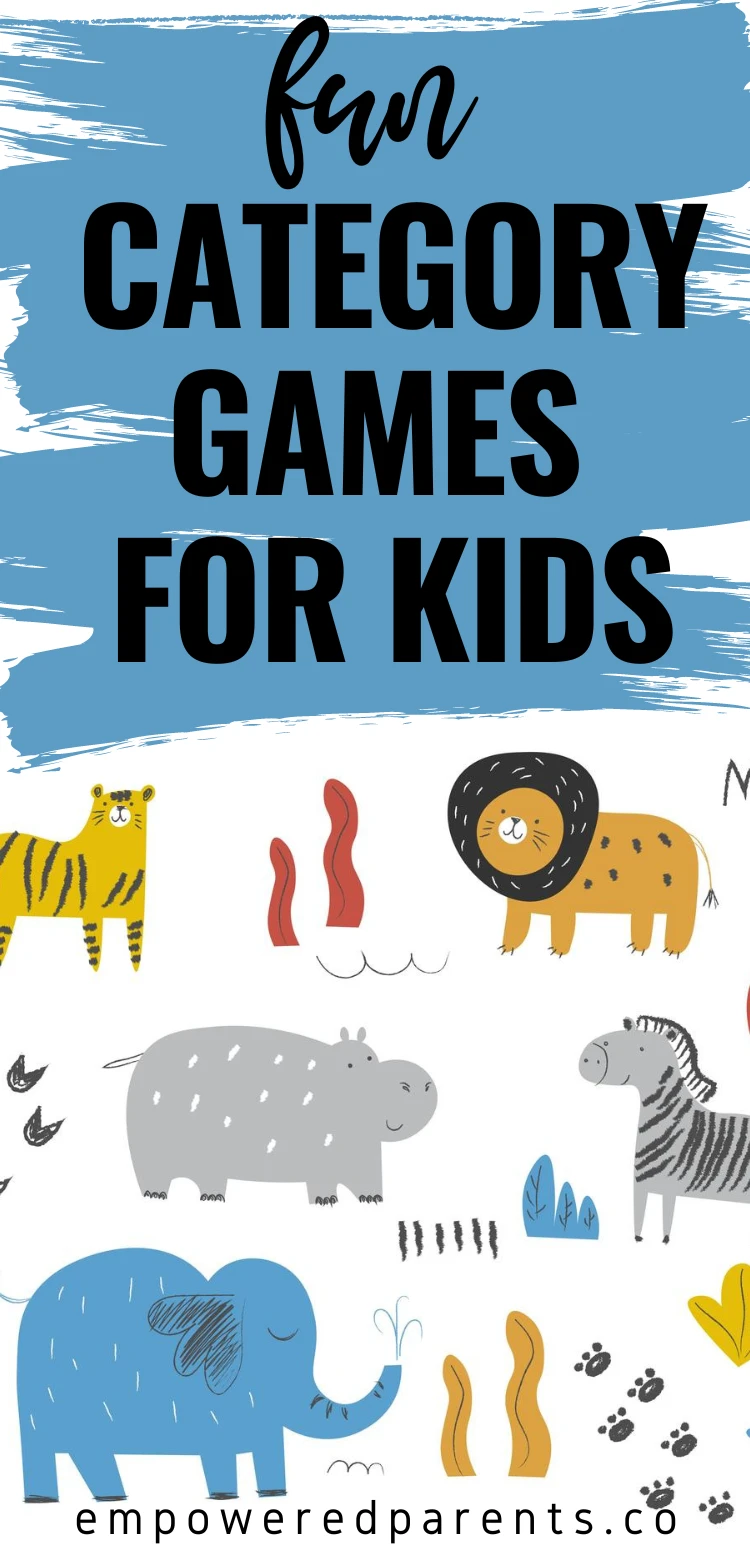 Wild animal drawings. Text reads, "Fun category games for kids." 