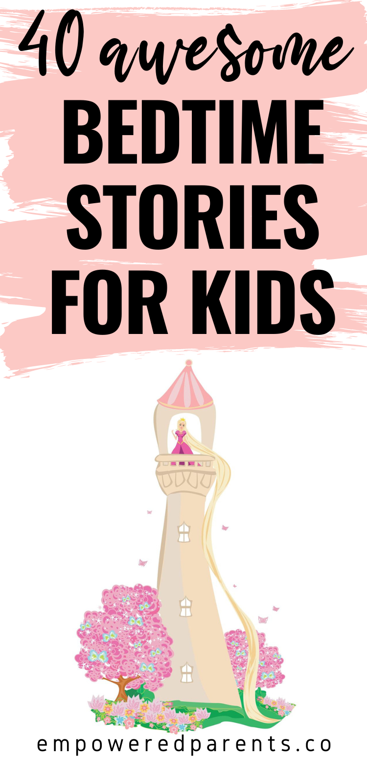 Rapunzel standing in her tower. Text overlay reads "40 awesome bedtime stories for kids"