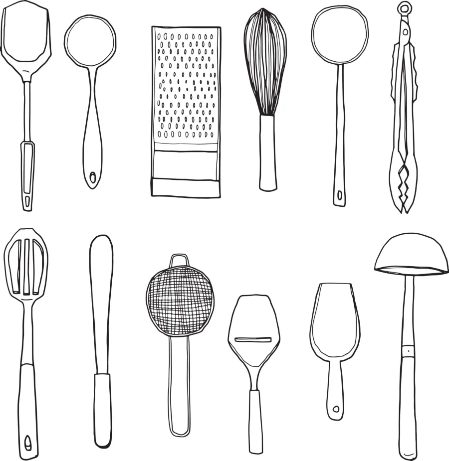 An outline sketch of kitchen tools