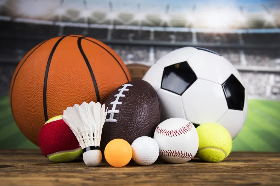 A basketball, soccer, ball, tennis ball, baseball, and other sport's equipments