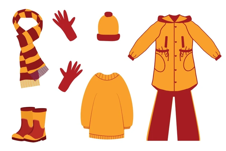 Winter clothes - hat, scarf, coat, boats, gloves, etc. 