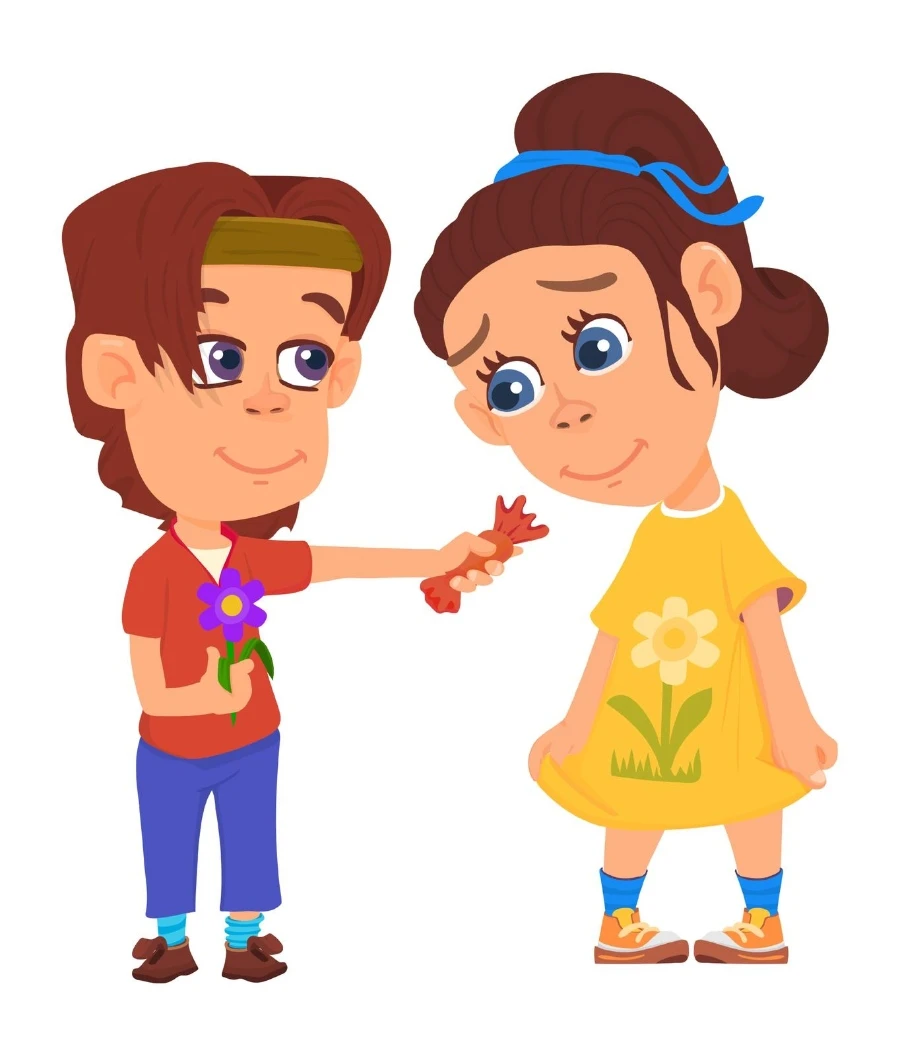 Drawing of boy sharing a sweet with a girl