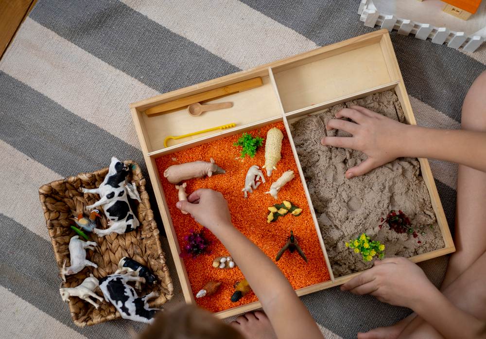 Children playing with plastic animal figurines in a wooden sand box
