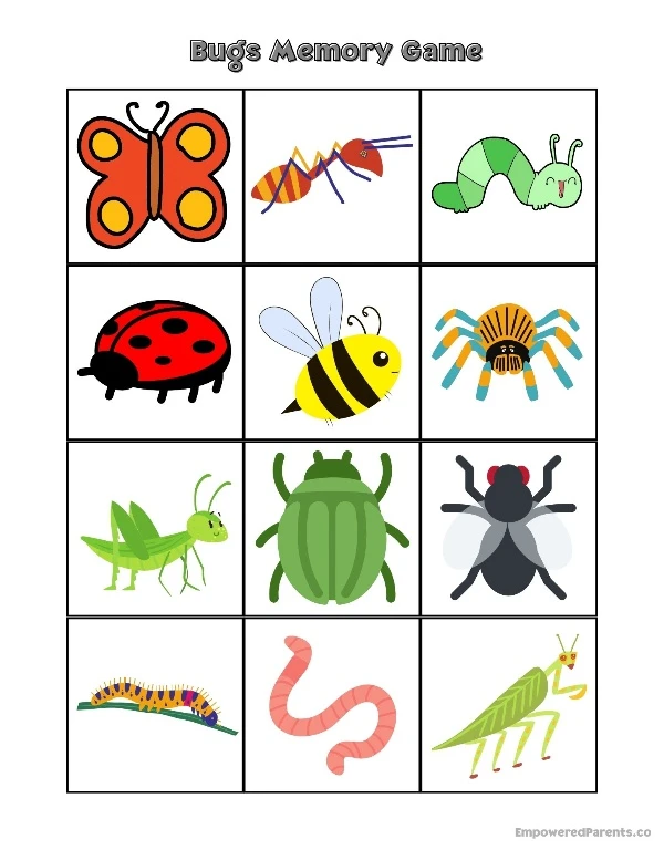 Printable preschool matching game - bugs