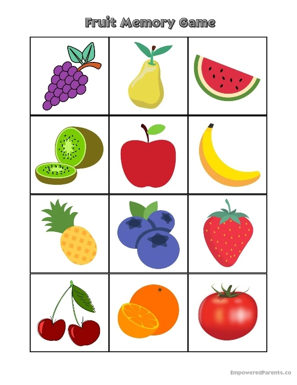 Printable preschool matching game - fruit