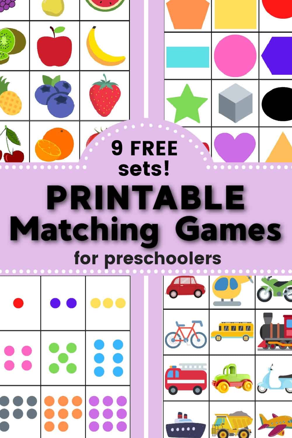 Images of 4 sets of matching card games. Text reads: 9 free sets! Printable matching games for preschoolers.