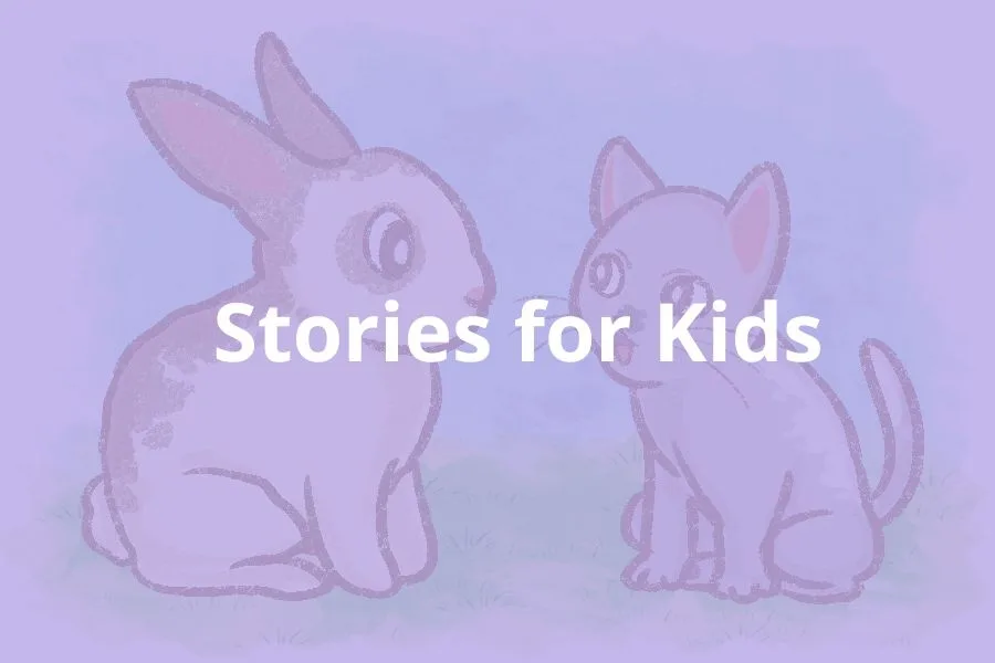 Drawing of two bunnies. Text overlay - Stories for kids