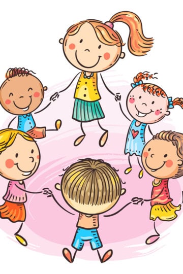 Drawing of children and teacher holding hands in a circle