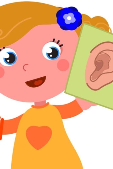 Illustration of child holding a picture of an ear