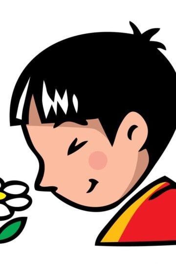 Illustration of boy smelling a flower