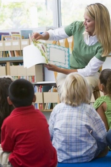 A teacher reading to children on the carpet