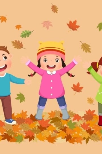 Drawing of children playing in fall leaves