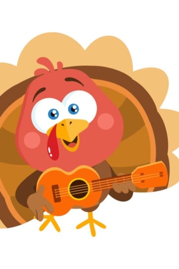 Cartoon turkey playing a guitar with musical notes, illustrating Thanksgiving songs for kids.